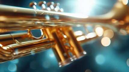 Fototapeta premium This image captures a beautifully crafted trumpet, glimmering in soft blue and gold light, showcasing its intricate details and musical charm in a vibrant manner.
