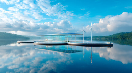 Futuristic floating data center on a serene lake, featuring solar panels, wind turbines, and eco-friendly architecture, blending clean technology with natural surroundings.