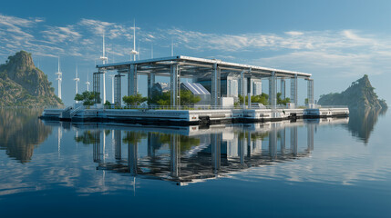 Futuristic floating data center on a serene lake, featuring solar panels, wind turbines, and eco-friendly architecture, blending clean technology with natural surroundings.