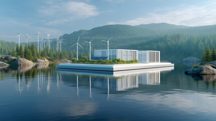 Futuristic floating data center on a serene lake, featuring solar panels, wind turbines, and eco-friendly architecture, blending clean technology with natural surroundings.