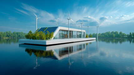Futuristic floating data center on a serene lake, featuring solar panels, wind turbines, and eco-friendly architecture, blending clean technology with natural surroundings.