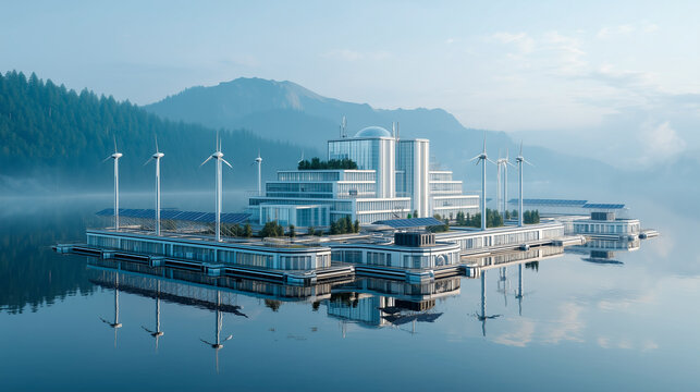 Futuristic floating data center on a serene lake, featuring solar panels, wind turbines, and eco-friendly architecture, blending clean technology with natural surroundings.