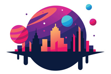 Colorful graphic design of a futuristic city nestled within a cosmic backdrop.