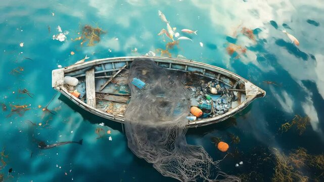 An old fishing boat floating on a polluted ocean, with a fishing net hanging from its side with fish and various pieces of trash. The impact of pollution on marine life	