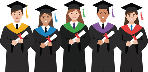 Illustration of five graduating students in gowns holding their diplomas