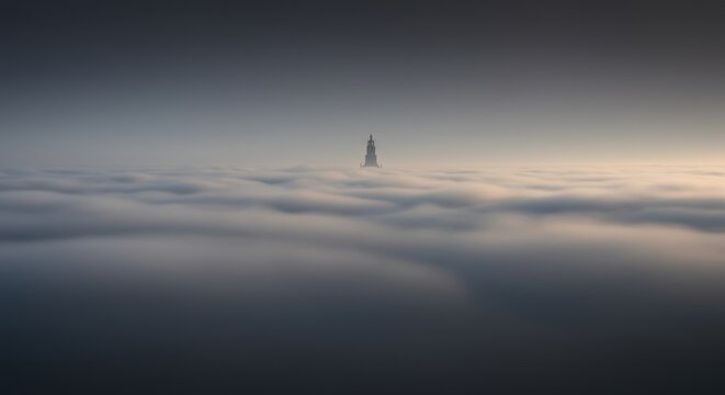 Kingdom in the Clouds: Mystical tower spire rising above a sea of fog at sunrise, symbolizing dreams, solitude, and achievement.