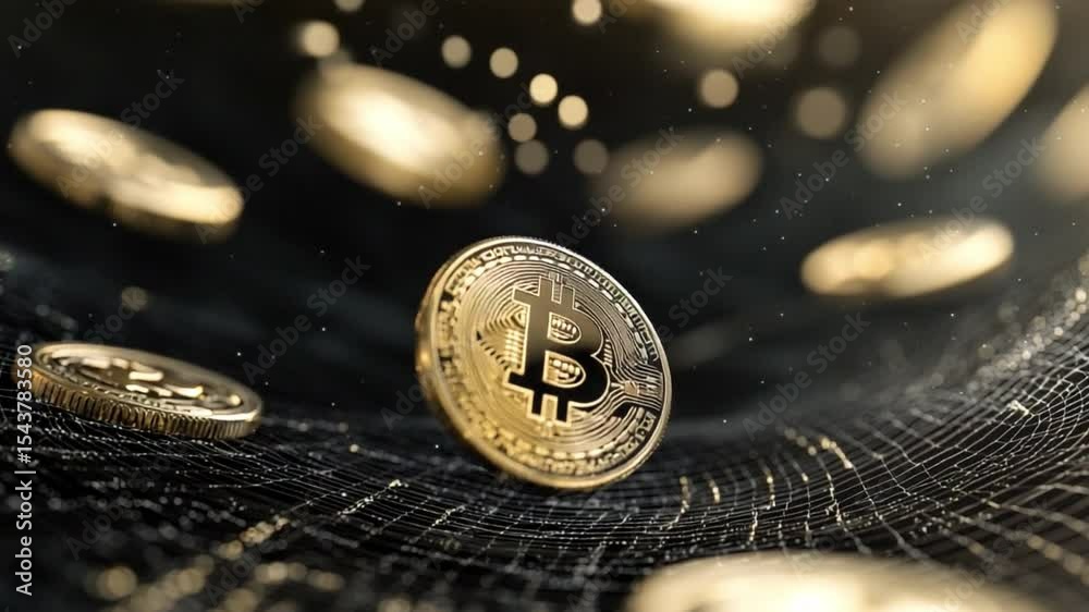 Poster bitcoin in the digital realm: a gleaming bitcoin coin floats amidst a mesmerizing array of golden co