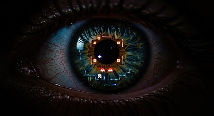 Retro Gamer's Eye: Macro shot of a classic arcade video game reflection in a human pupil, symbolizing digital immersion, nostalgia, and a passion for gaming.