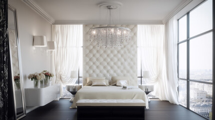 A luxurious bedroom with tufted headboard, elegant chandelier, and panoramic city views, ideal for illustrating premium real estate or high-end interior design.
