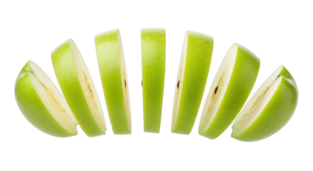 Sliced Green Apple:  A crisp, juicy green apple is perfectly sliced into eight segments, arranged in a visually appealing arc. The vibrant color and glistening texture are evident.