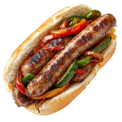 Grilled sausages with peppers and onions in a bun isolated on transparent background
