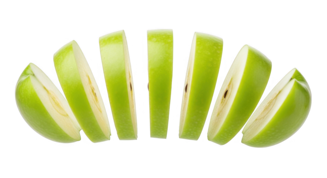 Sliced Green Apple:  A crisp, juicy green apple is perfectly sliced into eight segments, arranged in a visually appealing arc. The vibrant color and glistening texture are evident.