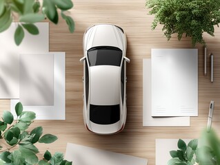 Auto Insurance Concept with Car Model and Documents Arranged Neatly on a Warm Desk Surface