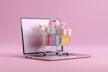 Creative Online Store Visual with Mini Cart and Delivery Boxes Arranged on Laptop Keyboard