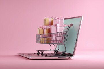 Creative Online Store Visual with Mini Cart and Delivery Boxes Arranged on Laptop Keyboard