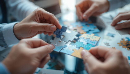 Close-up of hands assembling a jigsaw puzzle, symbolizing teamwork, problem-solving, and collaboration.
