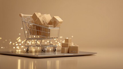 Mini Shopping Cart with Boxes on Laptop Keyboard Depicting a Modern Online Storefront Concept