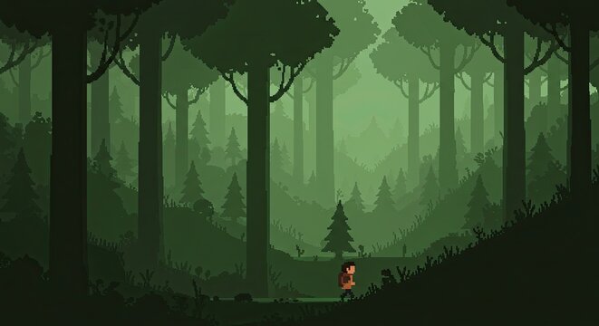 Video game background illustration of a character on an adventure, walking through a mysterious dark green forest