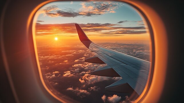 Airplane window view of sunset over clouds