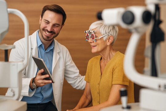 Friendly Optometrist Using Tablet Shows Senior Woman Eye Exam Results Happy Patient Doctor Healthcare Vision Test Medical Technology Ophthalmology Clinic Eye Care Professional Modern Equipment Digital - Powered by Adobe