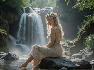 una joven encantadora sentada en una gran roca junto a una cascada