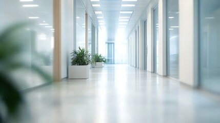 Blurred perspective of a long, empty hospital corridor with shiny blue floors and bright lighting, symbolizing a modern medical facility