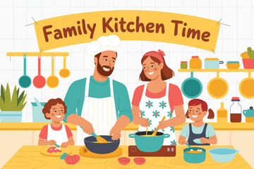 Happy Family Cooking Together in the Kitchen A Fun Vector Illustration