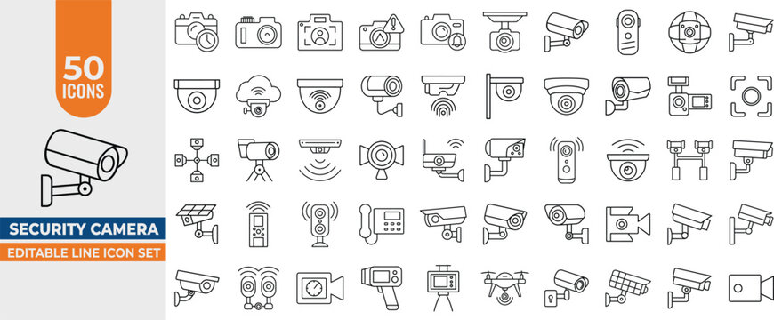 50 Security Camera & Surveillance Icons &ndash; Vector Line Set for CCTV, Monitoring & Protection. Editable Stroke. Vector illustration.
