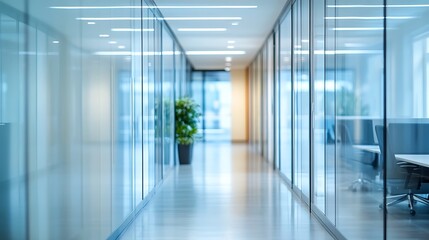 Blurred perspective of a long, empty hospital corridor with shiny blue floors and bright lighting, symbolizing a modern medical facility