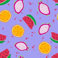 Seamless summer pattern orange, watermelon, and dragon fruit in a playful hand-drawn style. Bright tropical fruits on white background – perfect for fabric, packaging, and digital projects.
