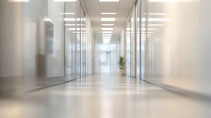 Obraz premium Blurred perspective of a long, empty hospital corridor with shiny blue floors and bright lighting, symbolizing a modern medical facility