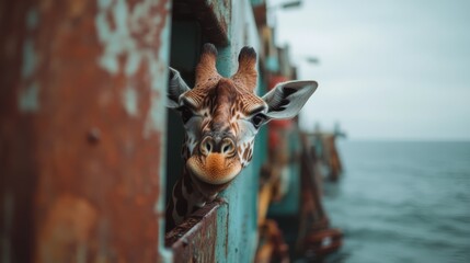 Obraz premium A curious giraffe peers out from behind a rusty ship, blending nature with industrial remnants, symbolizing unexpected interactions between wildlife and human artifacts.