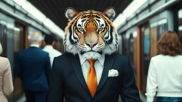 A funny tiger in suit standing at the train in the subway