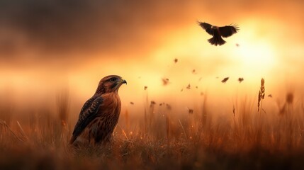 A striking hawk perches elegantly in a golden field, silhouetted against a dramatic sunset, symbolizing freedom, strength, and the beauty of nature's majestic creatures.