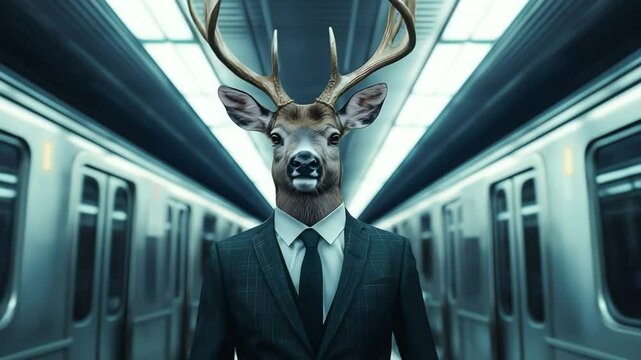 A funny deer in suit standing at the train in the subway	