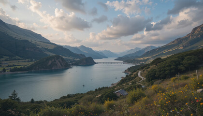 Scenic view of a lake surrounded by mountains and lush greenery under a partly cloudy sky.