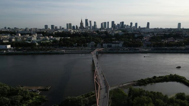 panoramic view of warsaw skyline and new vistula footbridge