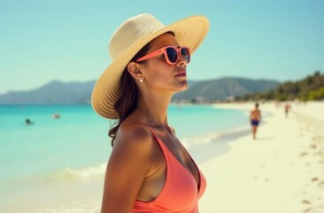 portrait of a woman in a hat on the background of a beach with snow-white sand and blue water. tourism. rest. the sun. protection from the sun. Tan