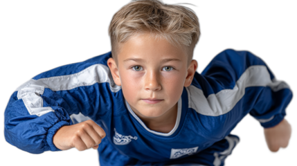 Young Boy in Action: A dynamic image of a determined young boy, captured mid-action in a sportswear, with focused expression and engaged in sports.