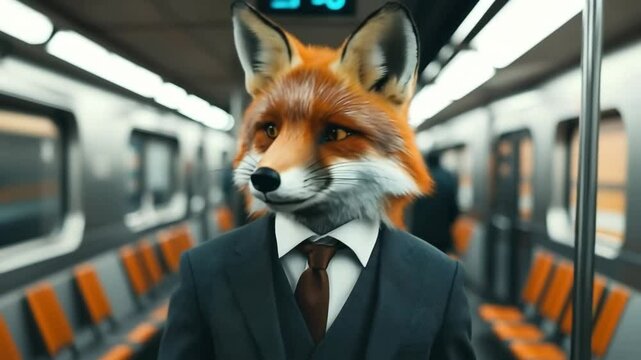 A funny fox in suit standing at the train in the subway	