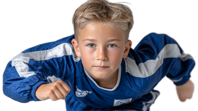 Young Boy in Action: A dynamic image of a determined young boy, captured mid-action in a sportswear, with focused expression and engaged in sports.