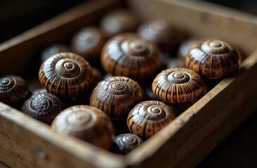 snails in a wooden box, ingredients. French cuisine. seashells