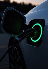 Electric car charging at night, with the illuminated power socket showing the battery charge status