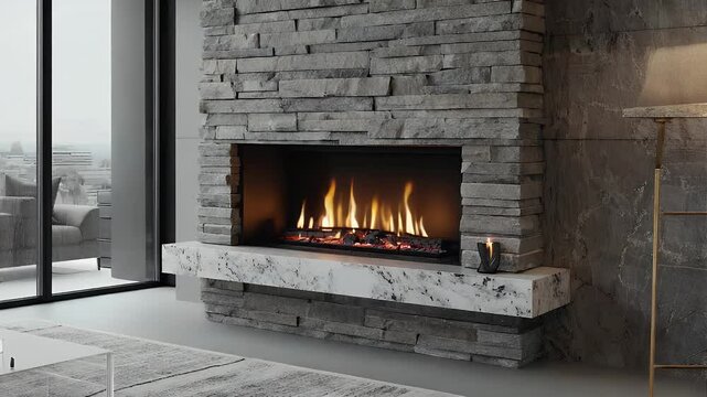 A modern fireplace with stone surround, creating a warm and inviting atmosphere, The flames dance in the hearth, adding to the cozy ambiance