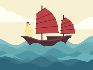 Vector design for National Maritime Day featuring a traditional Chinese junk ship with red sails. Perfect for history or cultural events