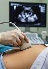 Doctor performs a prenatal ultrasound scan on a pregnant woman's belly. Obstetrician examining a fetus with a sonogram in a hospital clinic. Maternity and healthcare concept.