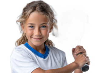 Tennis Girl's Game Face: A young girl exudes confidence as she prepares to serve or return a tennis ball. Her focused gaze and poised stance radiate the spirit of athleticism.