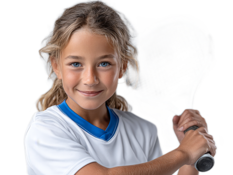 Tennis Girl's Game Face: A young girl exudes confidence as she prepares to serve or return a tennis ball. Her focused gaze and poised stance radiate the spirit of athleticism.