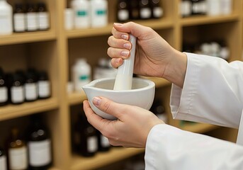 Pharmacist or scientist in a lab coat using a mortar and pestle to prepare medicine. Concept of compounding pharmacy, healthcare, and medical research.