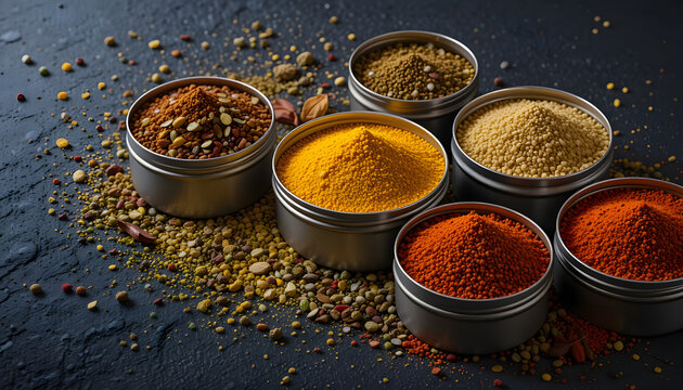 Title: Top View of Assorted Ground Spices in Metal Bowls on Dark Background, Concept of Culinary Diversity, Natural Flavor, and Global Cuisine Aesthetics